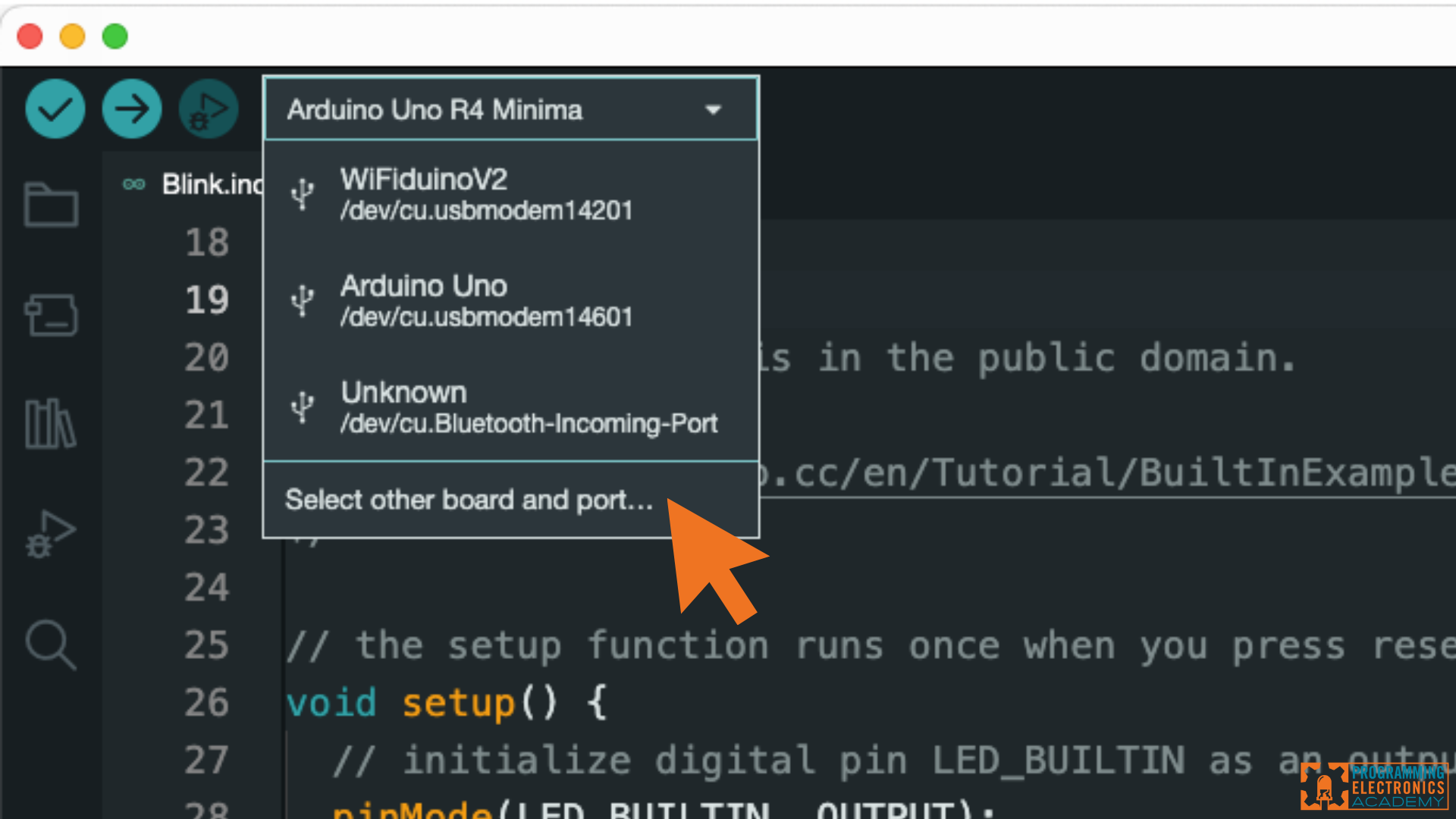"select other board and port" to correct Failed uploading error