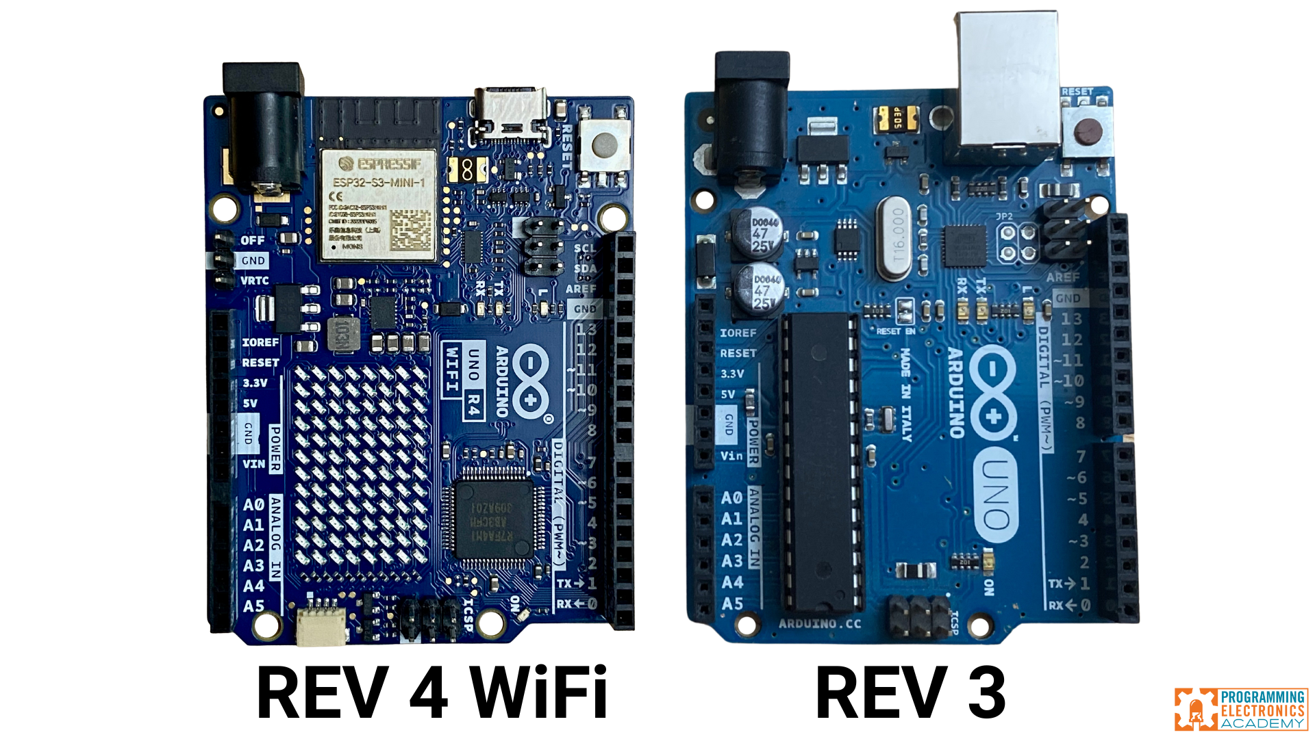 Arduino UNO R4 WiFi next to Arduino UNO R3