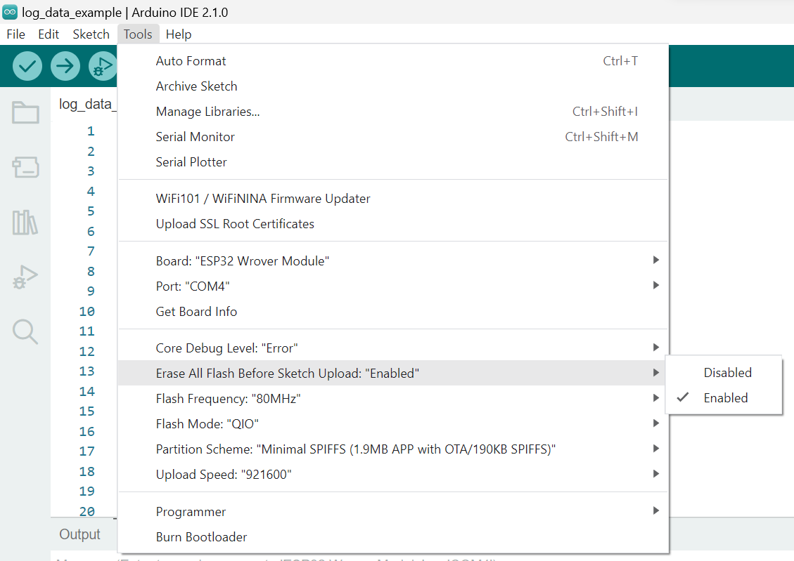 Arduino IDE - Erase ESP32 Flash Memory