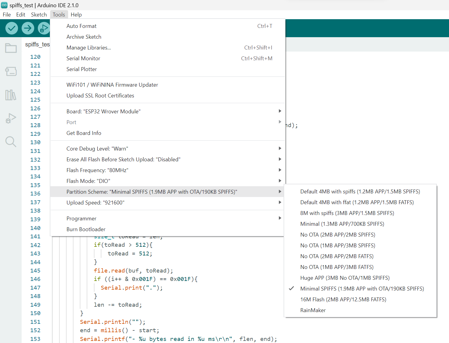 Arduino IDE Partition Scheme - SPIFFS