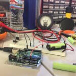 Electronics Bench with Arduino, wires and batteries